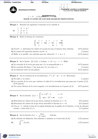 Vista previa de Examen PAU de Matemáticas II de Asturias 2005 – Ordinaria   Transitoria