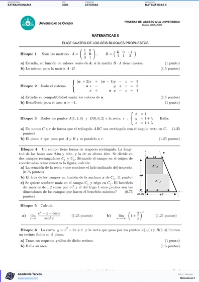 Vista previa de Examen PAU de Matemáticas II de Asturias 2006 – Extraordinaria