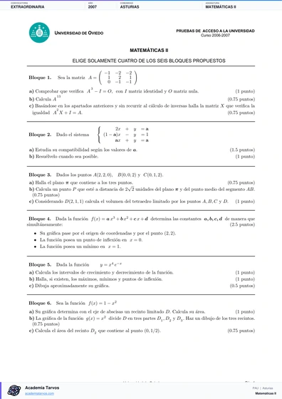 Vista previa de Examen PAU de Matemáticas II de Asturias 2007 – Extraordinaria