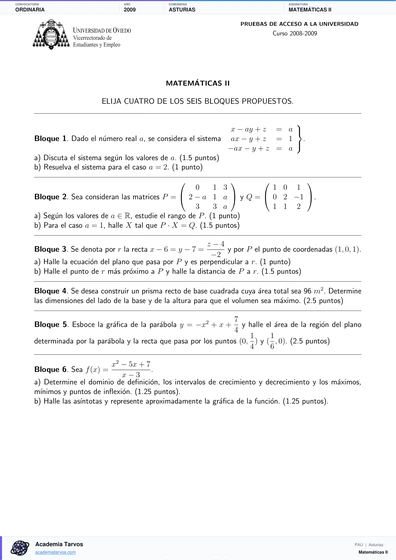 Vista previa de Examen PAU de Matemáticas II de Asturias 2009 – Ordinaria