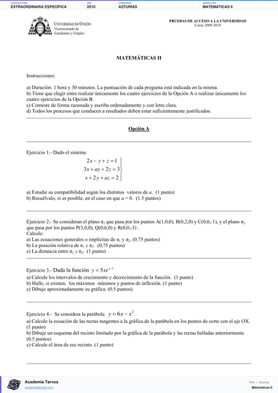 Vista previa de Examen PAU de Matemáticas II de Asturias 2010 – Extraordinaria Específica