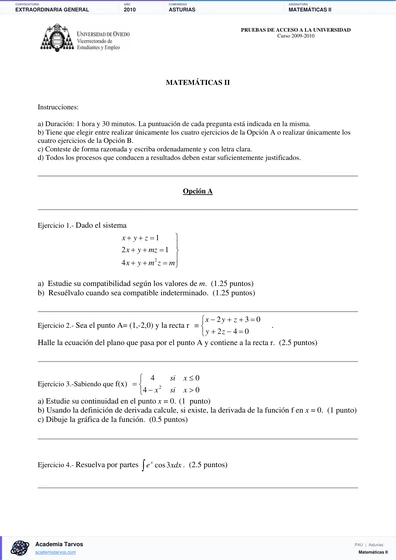 Vista previa de Examen PAU de Matemáticas II de Asturias 2010 – Extraordinaria General