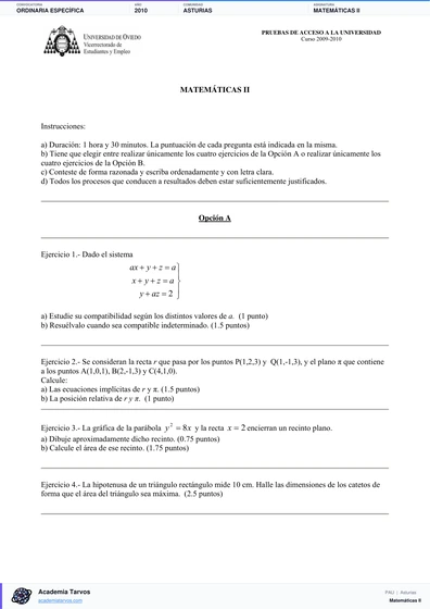 Vista previa de Examen PAU de Matemáticas II de Asturias 2010 – Ordinaria Específica