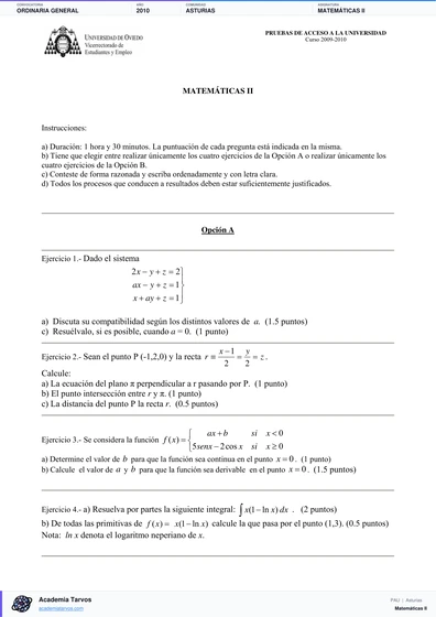 Vista previa de Examen PAU de Matemáticas II de Asturias 2010 – Ordinaria General
