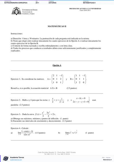 Vista previa de Examen PAU de Matemáticas II de Asturias 2011 – Extraordinaria Específica