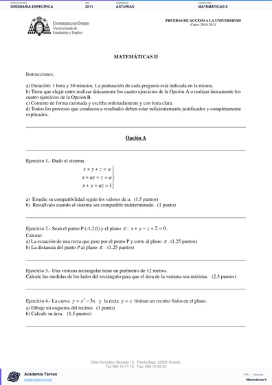 Vista previa de Examen PAU de Matemáticas II de Asturias 2011 – Ordinaria Específica