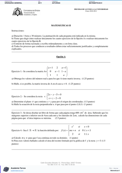 Vista previa de Examen PAU de Matemáticas II de Asturias 2011 – Ordinaria General