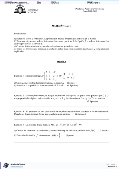 Vista previa de Examen PAU de Matemáticas II de Asturias 2012 – Extraordinaria Específica