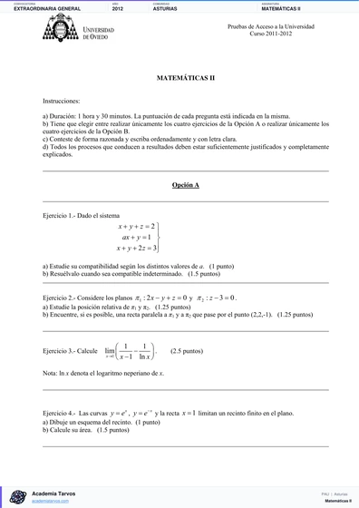 Vista previa de Examen PAU de Matemáticas II de Asturias 2012 – Extraordinaria General