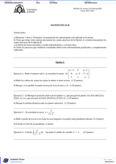 Vista previa de Examen PAU de Matemáticas II de Asturias 2012 – Ordinaria Específica