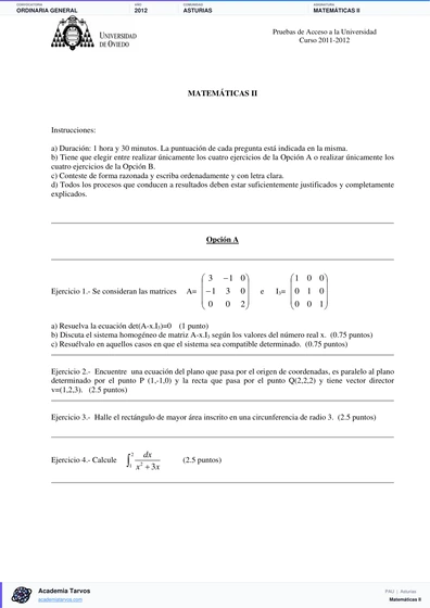 Vista previa de Examen PAU de Matemáticas II de Asturias 2012 – Ordinaria General