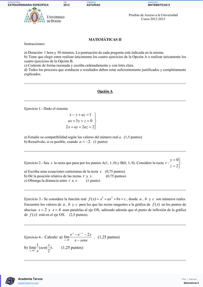 Vista previa de Examen PAU de Matemáticas II de Asturias 2013 – Extraordinaria Específica
