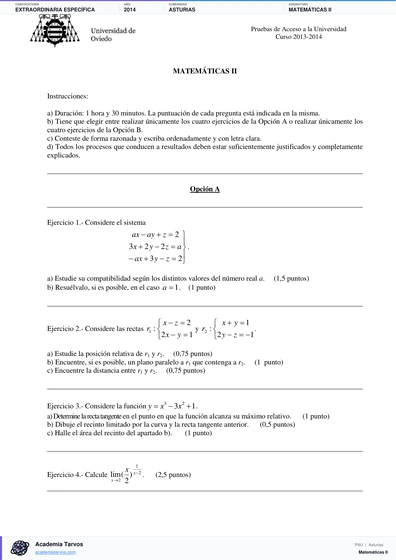 Vista previa de Examen PAU de Matemáticas II de Asturias 2014 – Extraordinaria Específica