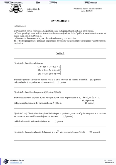 Vista previa de Examen PAU de Matemáticas II de Asturias 2014 – Ordinaria Específica