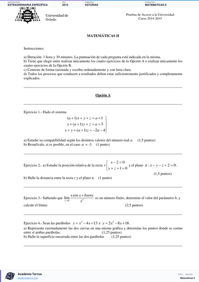 Vista previa de Examen PAU de Matemáticas II de Asturias 2015 – Extraordinaria Específica