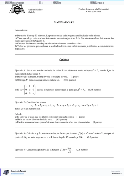 Vista previa de Examen PAU de Matemáticas II de Asturias 2015 – Ordinaria Específica
