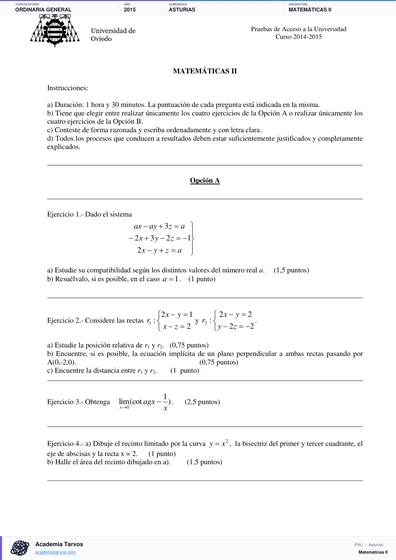 Vista previa de Examen PAU de Matemáticas II de Asturias 2015 – Ordinaria General