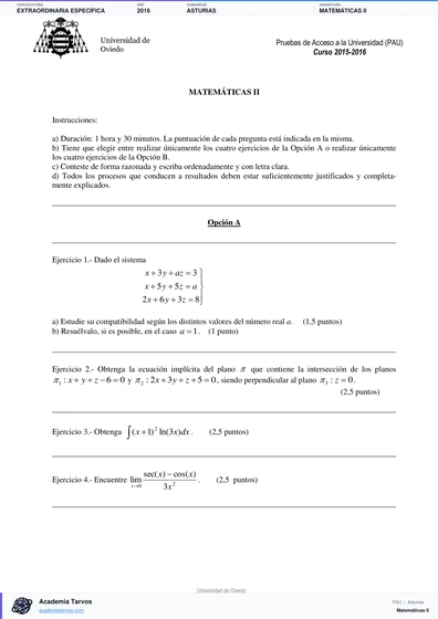 Vista previa de Examen PAU de Matemáticas II de Asturias 2016 – Extraordinaria Específica
