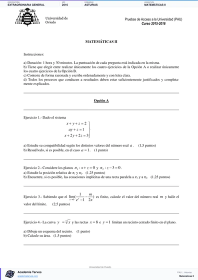 Vista previa de Examen PAU de Matemáticas II de Asturias 2016 – Extraordinaria General