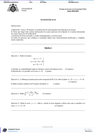 Vista previa de Examen PAU de Matemáticas II de Asturias 2016 – Ordinaria Específica
