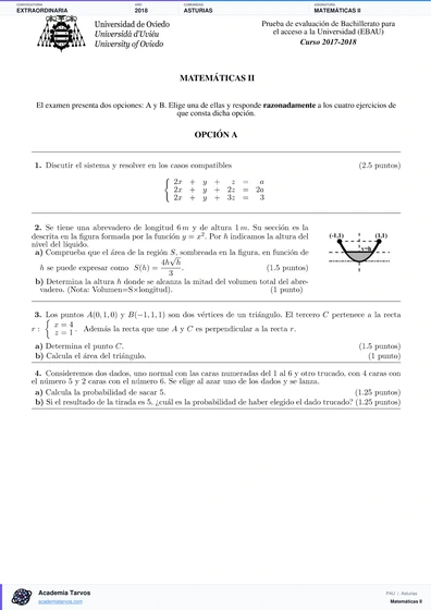 Vista previa de Examen PAU de Matemáticas II de Asturias 2018 – Extraordinaria