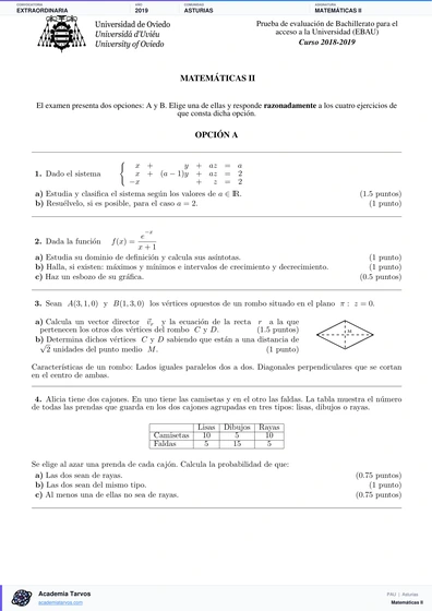 Vista previa de Examen PAU de Matemáticas II de Asturias 2019 – Extraordinaria