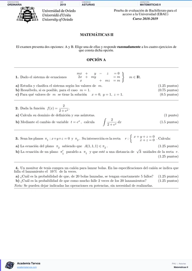 Vista previa de Examen PAU de Matemáticas II de Asturias 2019 – Ordinaria
