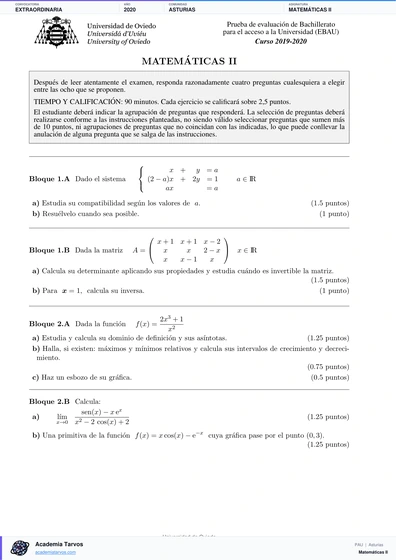 Vista previa de Examen PAU de Matemáticas II de Asturias 2020 – Extraordinaria