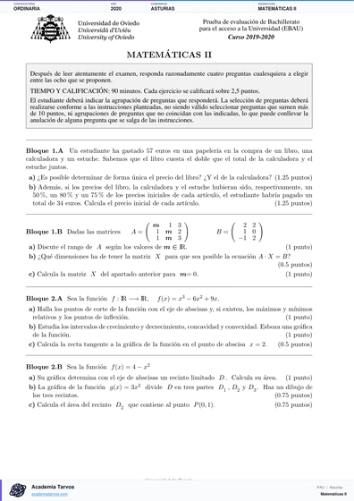 Vista previa de Examen PAU de Matemáticas II de Asturias 2020 – Ordinaria