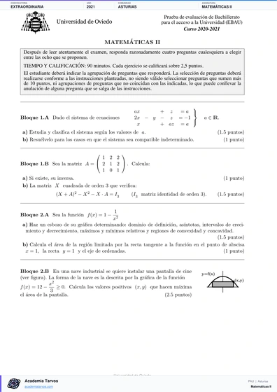 Vista previa de Examen PAU de Matemáticas II de Asturias 2021 – Extraordinaria