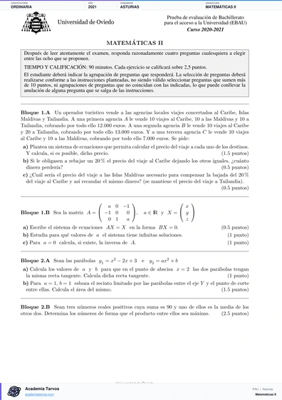 Vista previa de Examen PAU de Matemáticas II de Asturias 2021 – Ordinaria