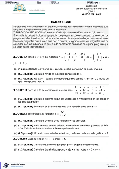 Vista previa de Examen PAU de Matemáticas II de Asturias 2022 – Extraordinaria
