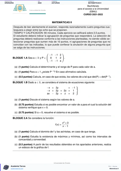 Vista previa de Examen PAU de Matemáticas II de Asturias 2022 – Ordinaria