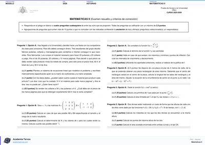 Vista previa de Modelo PAU de Matemáticas II de Asturias 2026
