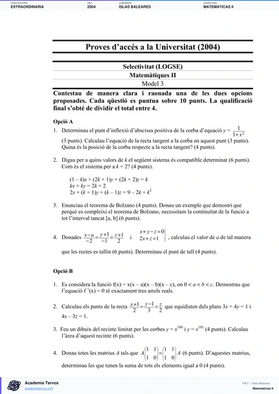 Vista previa de Examen PAU de Matemáticas II de Illes Balears 2004 – Extraordinaria