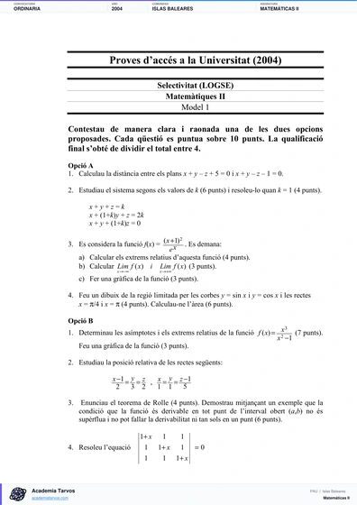 Vista previa de Examen PAU de Matemáticas II de Illes Balears 2004 – Ordinaria