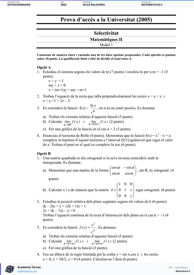 Vista previa de Examen PAU de Matemáticas II de Illes Balears 2005 – Extraordinaria