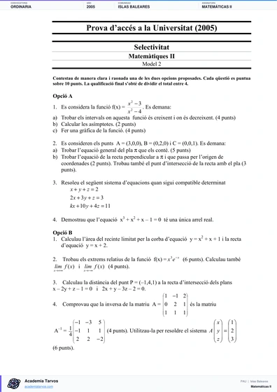 Vista previa de Examen PAU de Matemáticas II de Illes Balears 2005 – Ordinaria