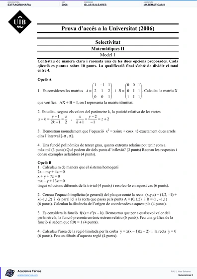 Vista previa de Examen PAU de Matemáticas II de Illes Balears 2006 – Extraordinaria