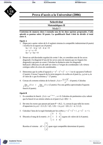 Vista previa de Examen PAU de Matemáticas II de Illes Balears 2006 – Ordinaria