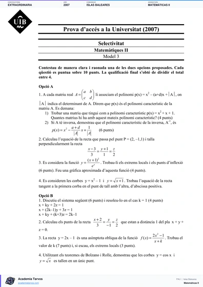 Vista previa de Examen PAU de Matemáticas II de Illes Balears 2007 – Extraordinaria