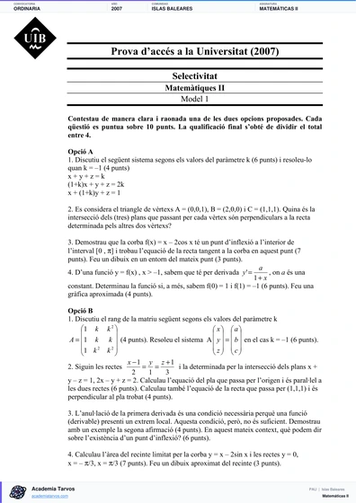 Vista previa de Examen PAU de Matemáticas II de Illes Balears 2007 – Ordinaria