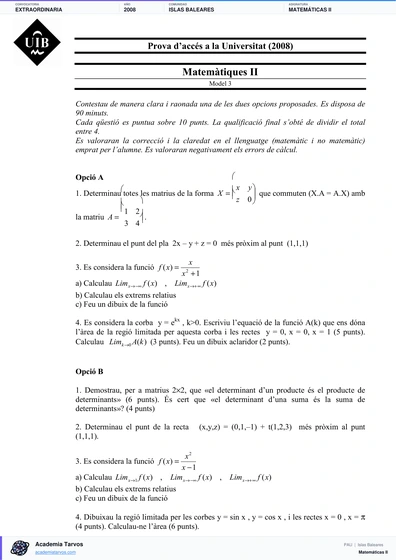 Vista previa de Examen PAU de Matemáticas II de Illes Balears 2008 – Extraordinaria