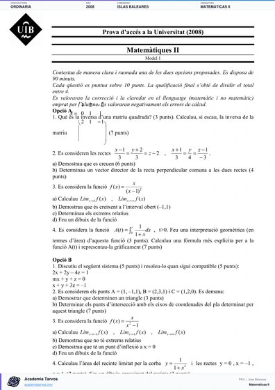 Vista previa de Examen PAU de Matemáticas II de Illes Balears 2008 – Ordinaria