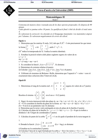 Vista previa de Examen PAU de Matemáticas II de Illes Balears 2009 – Extraordinaria