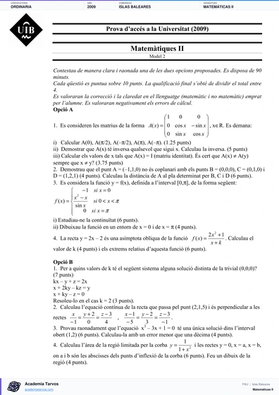 Vista previa de Examen PAU de Matemáticas II de Illes Balears 2009 – Ordinaria