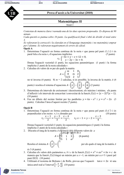 Vista previa de Examen PAU de Matemáticas II de Illes Balears 2010 – Extraordinaria