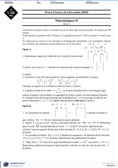 Vista previa de Examen PAU de Matemáticas II de Illes Balears 2010 – Ordinaria
