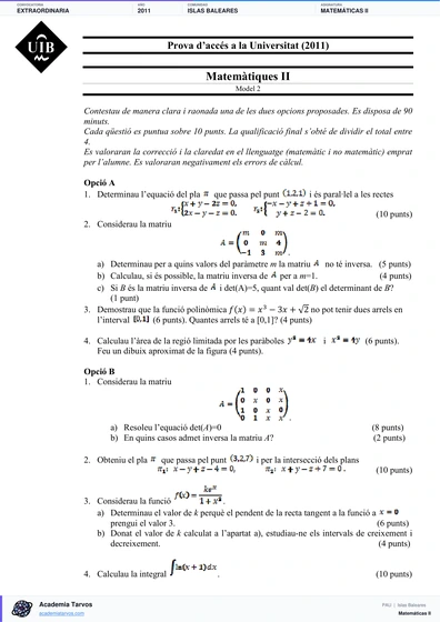 Vista previa de Examen PAU de Matemáticas II de Illes Balears 2011 – Extraordinaria