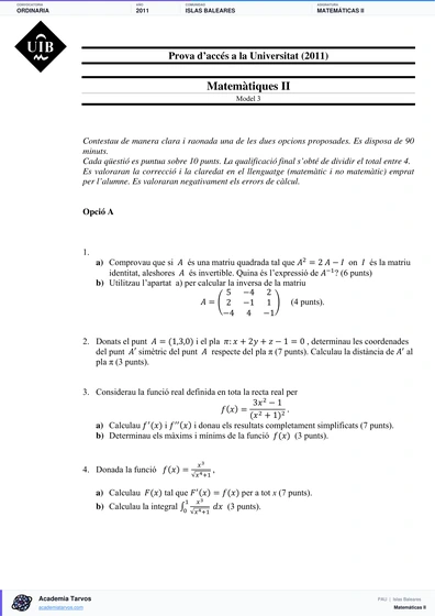 Vista previa de Examen PAU de Matemáticas II de Illes Balears 2011 – Ordinaria